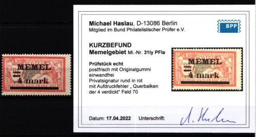 Memel 31 I y PF Ia postfrisch mit Kurzbefund BPP #KS929