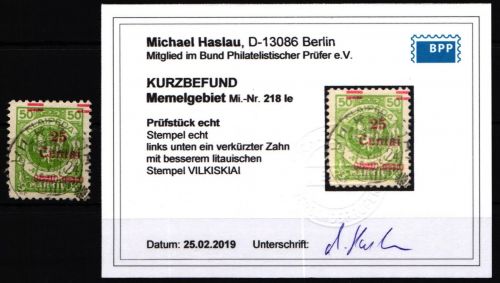 Memel 218 IIe gestempelt mit Kurzbefund BPP, Stempel VILKISKIAI * a * #KS968