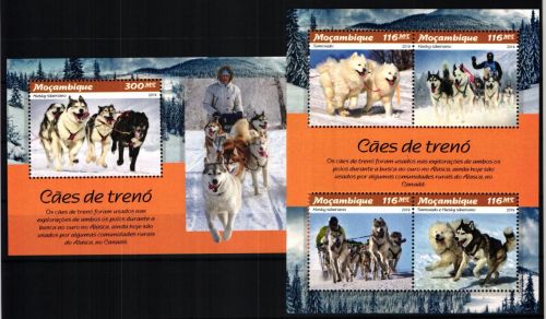 Mosambik Block 1318 + 9389-9392 postfrisch als ZD-Bg., Hunde, Huskies #JV935