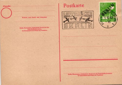 Berlin auf Postkarte ungelaufen mit Luftbrückenstempel #KT724