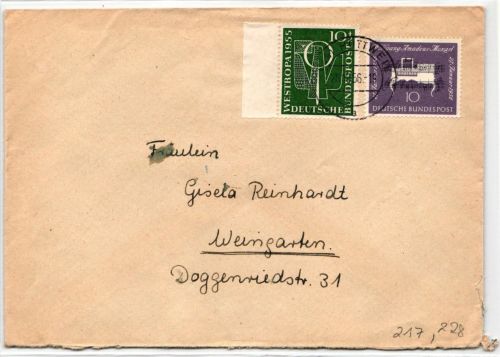 BRD Bund 217 auf Brief als Mischfrankatur portogerecht vom Eckrand #KW671