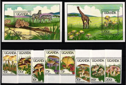 Uganda 667-674 und Block 95 und 96 postfrisch Pilze #KC452