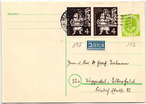 BRD Bund 123, 128 auf Postkarte portogerecht, 193 als Paar #NB496