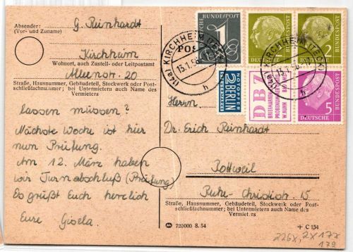 BRD W6, 180 auf Postkarte als Mischfrankatur Inlandsbrief #NY496