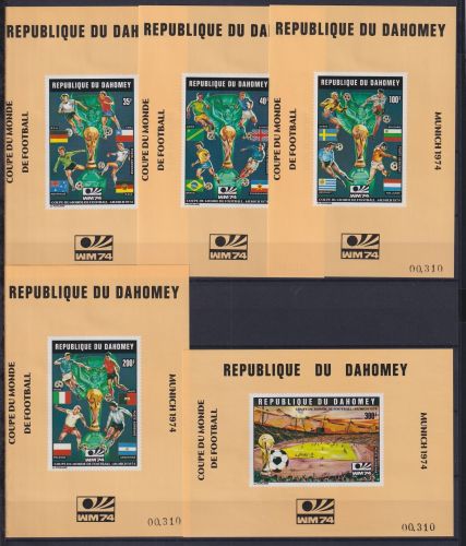 Dahomey 566-570 postfrisch als Einzelblöcke, Fußball WM 1974 #NW369