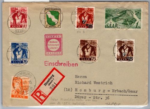 Saarland 225 Z, 230 Z, 233Z u.a. auf Brief Mischfrankatur #NX858