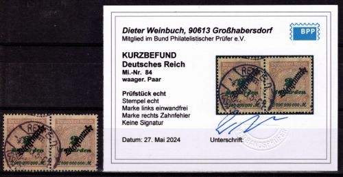 Deutsches Reich D 84 (2x) gestempelt Kurzbefund Weinbuch BPP, gefaltet #OF850