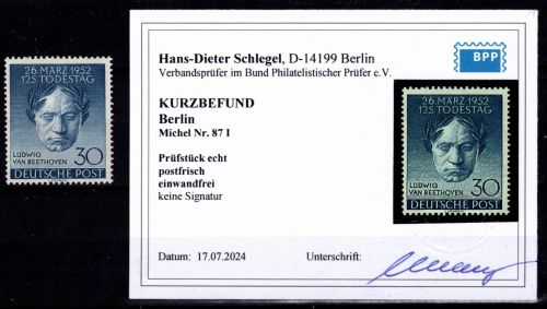 Berlin 87 I postfrisch Plattenfehler I, Kurzbefund Schlegel BPP #OF887