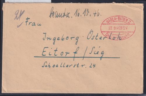 Alliierte Besetzung Geb. bez. Baden Baden auf Brief Ellipsenstempel C2c #OI213