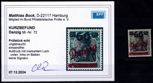 Danzig 72 mit Falz Kurzbefund Bock BPP, mit markantem Loch im Balken #OF964