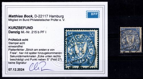 Danzig 215 b PF I gestempelt Kurzbefund Bock BPP, Plattenfehler I #OF969