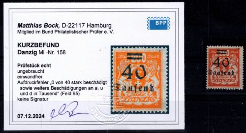 Danzig 158 AF mit Falz Kurzbefund Bock BPP, 0 stark beschädigt #OF973
