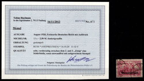 Memel 13 c gestempelt Befund Huylemans BPP #OF985