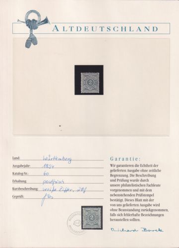 Württemberg 60 postfrisch Borek Garantie #OJ316
