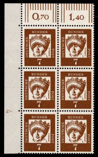 Bund 348y DZ postfrisch Rand-Block Druckerzeichen 4 neben Feld 21 oben #NE303