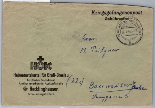 BRD Bund Kriegsgefangenenpost auf Brief Suchdienst 1956 #ON832