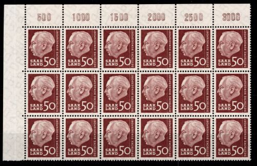 Saarland 393 Ecke 1 postfrisch 18 er Block ungefaltet 6 x OR #ON867