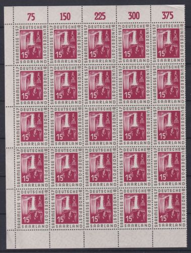 Saarland 400 Ecke 1+3 postfrisch 25 er Block gefaltet 5 x OR #ON882