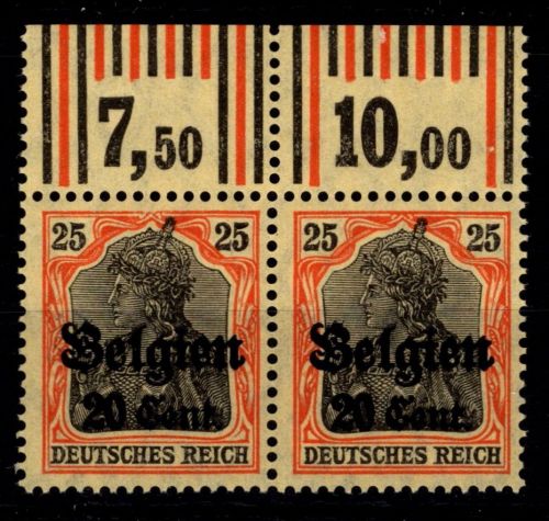 Deutsche Besetzung 1. WK Belgien 17 W OR postfrisch als Paar, 2`3`2/1`4`1 #OO972
