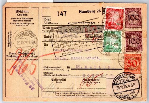 Deutsches Reich 342, 343 u.a. auf Auslandspaketkarte #OP638