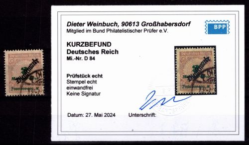 Deutsches Reich Dienstmarken 84 gestempelt Kurzbefund Weinbuch BPP #OJ877