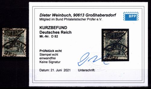 Deutsches Reich Dienstmarken 82 gestempelt Kurzbefund Weinbuch BPP #OJ878