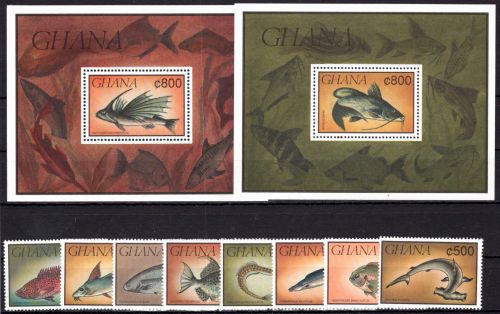 Ghana 1523-1530 und Block 175 und 176 mit Falz Fische #OE164
