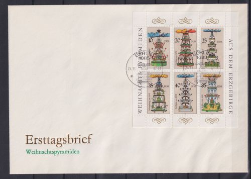 DDR 3134-3139 gestempelt als Kleinbogen mit ESSt auf FDC Weihnachten 1987 #OM317