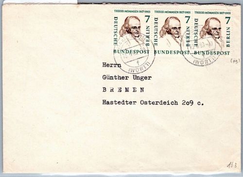 Berlin 163 auf Brief als Mehrfachfrankatur im waagerechten 3er Streifen #OR469