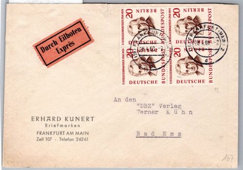 Berlin 167 auf Brief als Mehrfachfrankatur im 4 er Block #OR473