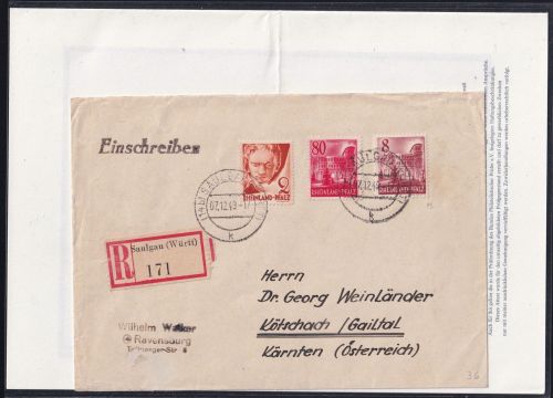 Französische Zone Rheinland Pfalz 36 u.a. auf Brief Attest Straub BPP #DAB69