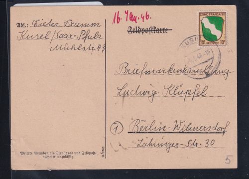 Französische Zone Allgemeine Ausgabe 5 auf Postkarte Einzelfrankatur #DAF08