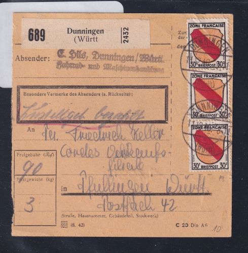 Französische Zone Allgemeine Ausgabe 10 auf Paketkarte #DAF13