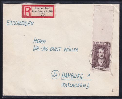 Französische Zone Allgemeine Ausgabe 11 auf Brief Einschreiben #DAF16