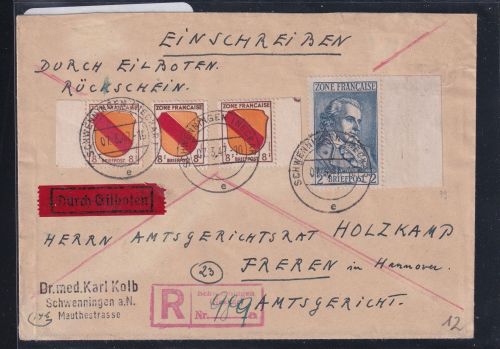 Französische Zone Allgemeine Ausgabe 4, 12 auf Brief Einschreiben Eilbote #DAF19