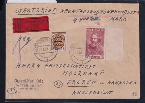 Französische Zone Allgemeine Ausgabe 3, 13 als Wertbrief #DAF20