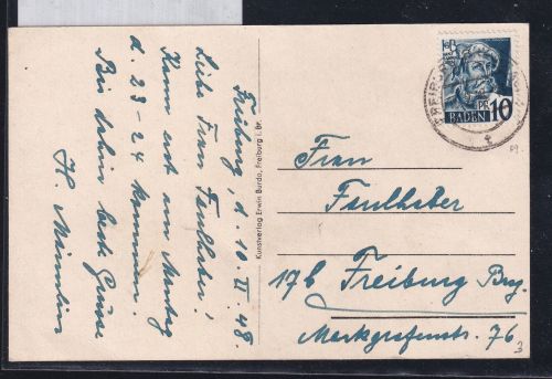 Französische Zone Baden 3 auf Postkarte Freiburg #DAF22
