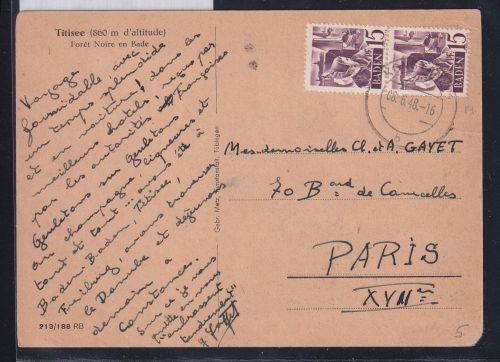 Französische Zone Baden 5 auf Postkarte Ausland #DAF23