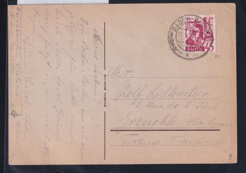 Französische Zone Baden 9 auf Postkarte Ausland #DAF26