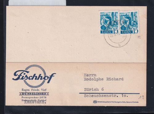 Französische Zone Baden 19 auf Postkarte Ausland #DAF33