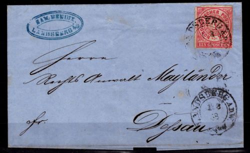 Norddeutscher Bund 4 auf Brief aus Landsberg nach Dessau #DAE32
