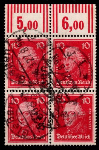Deutsches Reich 390, W OR 2'9'2 gestempelt Viererblock #OU930