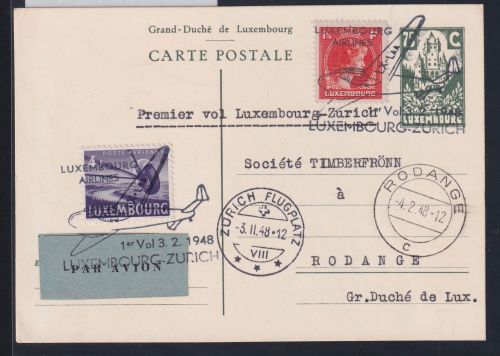Luxemburg 360, 406 als Ganzsache Luftpost Erstflug #DAJ65