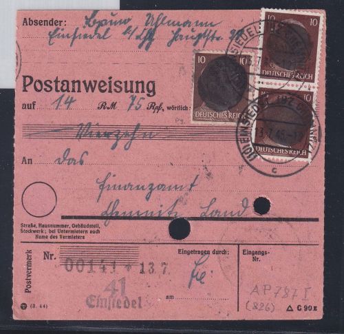 SBZ, Sächsische Schwärzungen AP 787 I, AP 826 I auf Postanweisung #DAP18