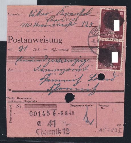 SBZ, Sächsische Schwärzungen AP 789 I auf Postanweisung #DAP26