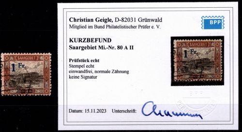 Saargebiet 80 A II gestempelt Kurzbefund Geigle BPP #OR605