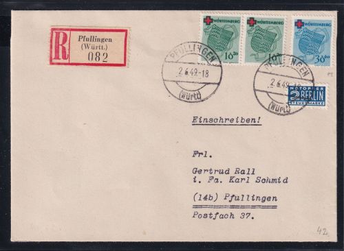 Französische Zone Württemberg 40 A, 42 A auf Brief geprüft Schlegel BPP #OV037