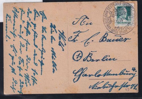 Französische Zone Württemberg 47 auf Postkarte geprüft Schlegel BPP #OV043