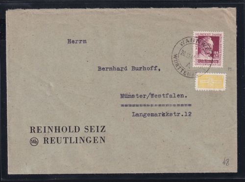 Französische Zone Württemberg 48 auf Brief als Einzelfrankatur #OV045