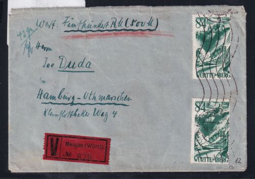 Französische Zone Württemberg 12 auf Brief als Mehrfachfrankatur #OV053